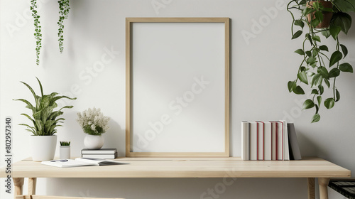 Frame mockup  desk and books  white wall background with hanging plants  3d render