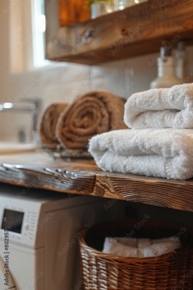 Stack of towels on a wooden shelf, suitable for bathroom or spa concepts Stack of towels on a wooden shelf, suitable for bathroom or spa concepts