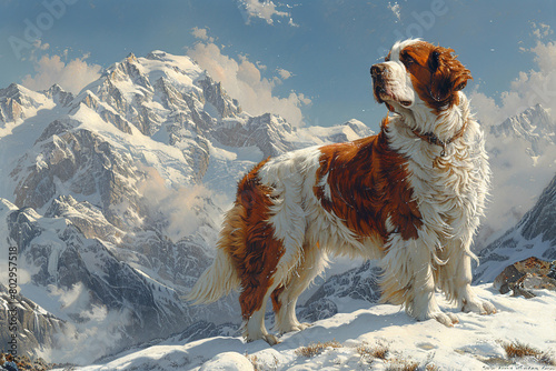 A noble Saint Bernard standing proudly amidst a snowy alpine landscape.