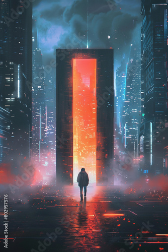 The image shows a dark and mysterious city with a large, glowing door in the distance