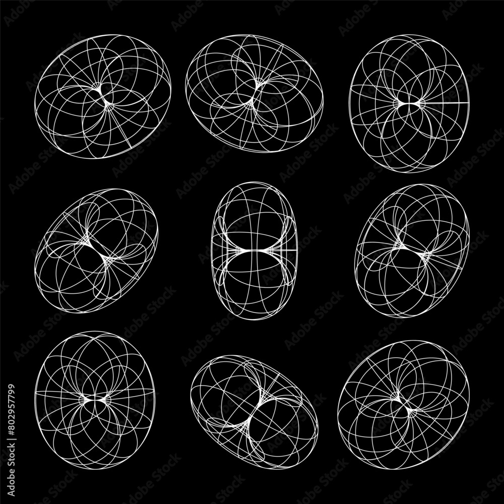 Wireframe shapes, lined torus. Perspective mesh, 3d grid. Low poly geometric elements. Retro futuristic design elements, y2k, vaporwave and synthwave style. Vector illustration Wireframe shapes, lined torus. Perspective mesh, 3d grid. Low poly geometric elements. Retro futuristic design elements, y2k, vaporwave and synthwave style. Vector illustration