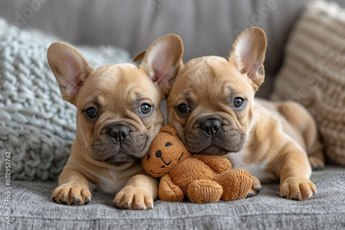 A pair of adorable French bulldog puppies playing with a plush toy in a cozy living room, tails wagging furiously.