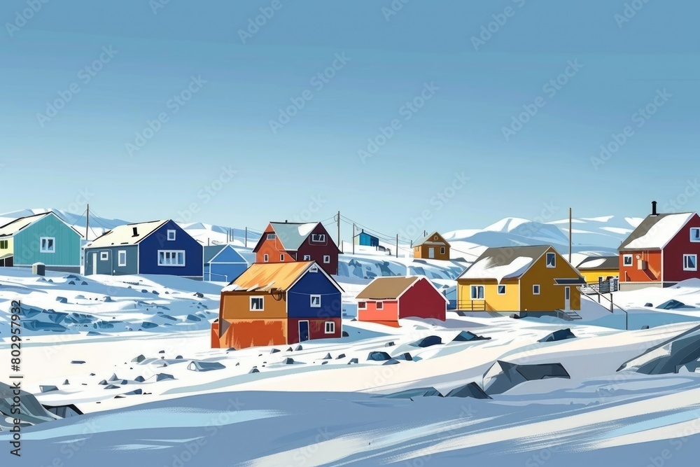 A picturesque painting of a snowy small town. Ideal for winter-themed designs