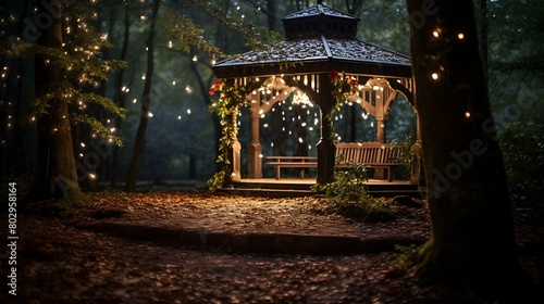 A charming gazebo nestled in the woods  illuminated by twinkling fairy lights