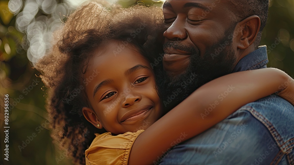 Young African American father and daughter hug each other in love. Black girl hugs her father affectionately copy space,Concept of father smiling with child Family love and affection.