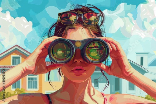 A woman looking through a pair of binoculars. Suitable for travel and exploration concepts