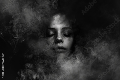 A woman with smoke coming out of her face. Suitable for artistic projects © Fotograf