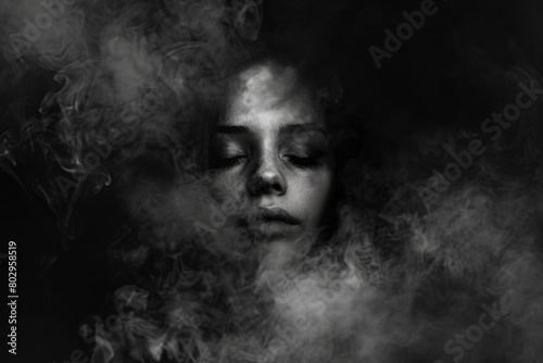 A woman with smoke coming out of her face. Suitable for artistic projects