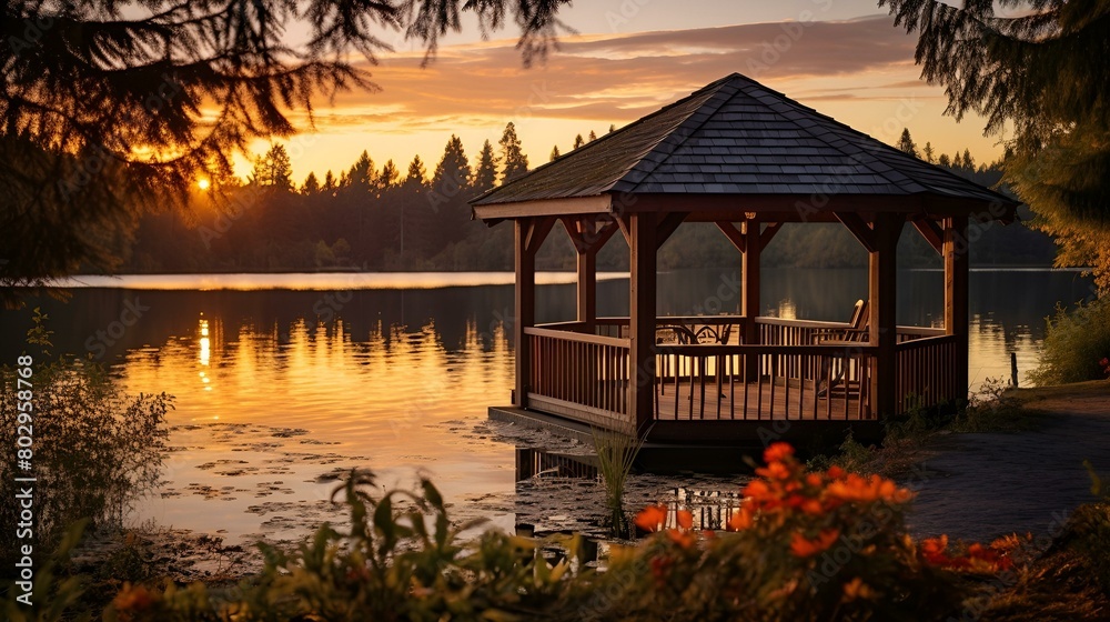 Fototapeta premium A serene gazebo on a lake shore at sunset, reflecting the colorful sky on the calm water