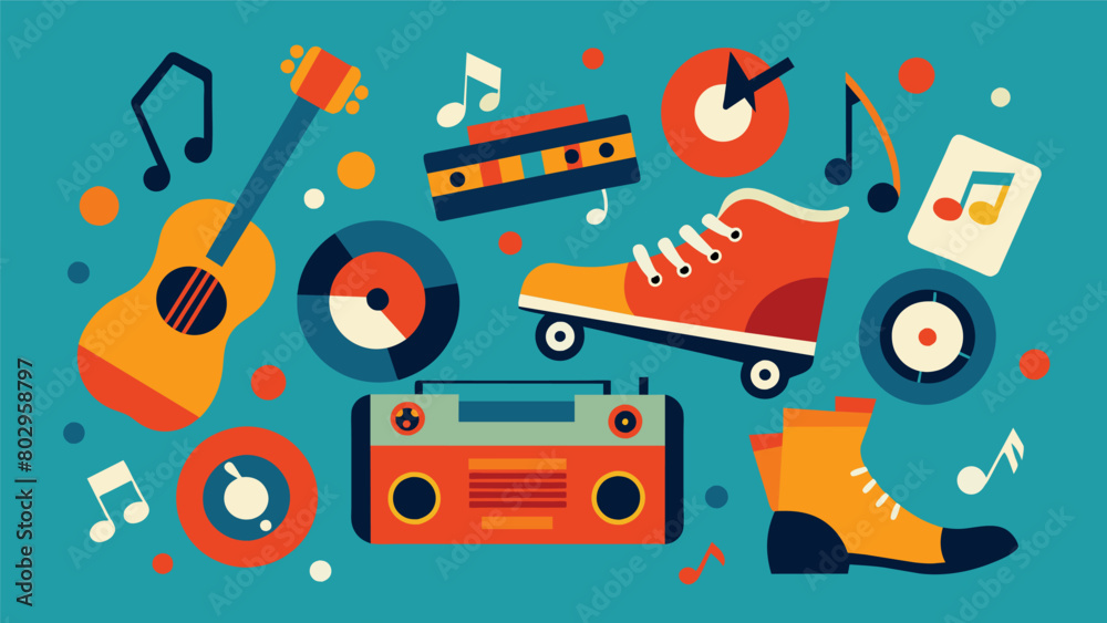 An eclectic mix of music fills the air featuring tunes from various decades that have inspired the retro skating culture.. Vector illustration