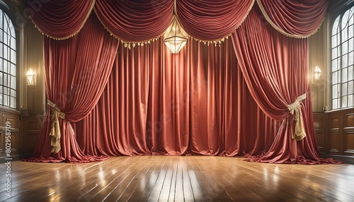 stage with curtains, luxurious red curtain draping majestically over an empty wood grain shiny polished stage background, 