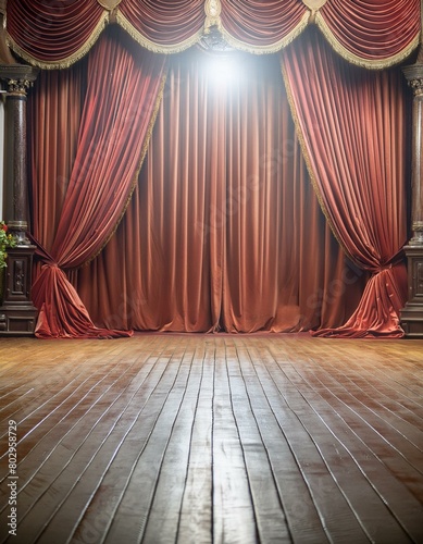 stage with red curtains and spotlights, luxurious red curtain draping majestically over an empty wood grain shiny polished stage background, 