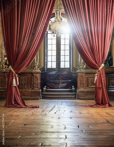 interior of a room with a curtain, luxurious red curtain draping majestically over an empty wood grain shiny polished stage background, 