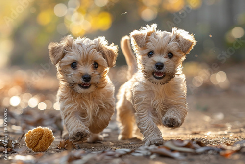 A pair of fluffy Maltese puppies playing with a squeaky toy in a sun-drenched garden, tails wagging with joy.