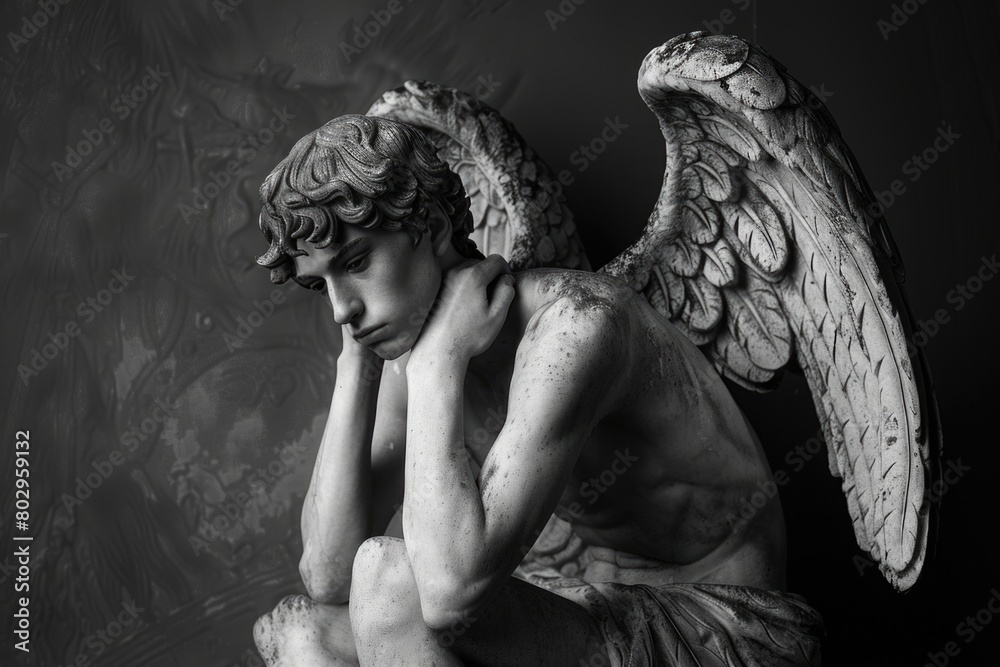 A black and white photo of a statue of an angel. Ideal for religious or artistic projects A black and white photo of a statue of an angel. Ideal for religious or artistic projects