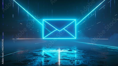 Futuristic electronic mail documentation concept with glowing blue neon envelope and paper document. 3D Illustration