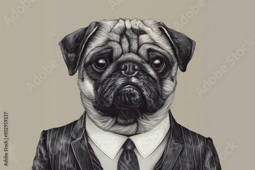A pug dog dressed in a formal suit and tie. Perfect for business or pet-related designs