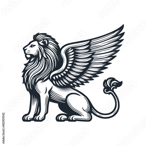 The lion with wing. Black white vector logo illustration. 