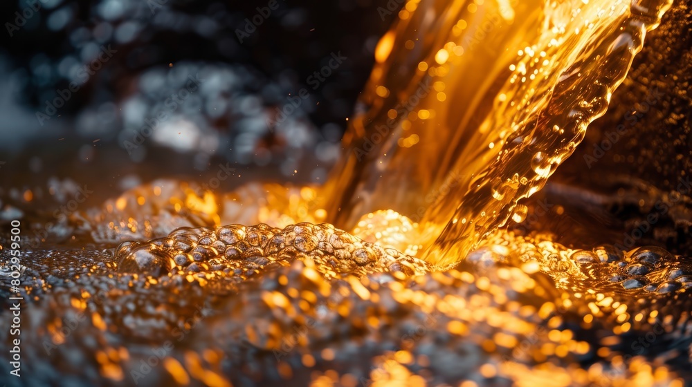 Close-up photo of flowing molten gold, emphasizing the intense heat and vibrant golden hues as it pours from a crucible, showcasing the process of goldsmithing