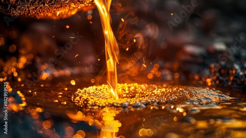 Close-up photo of flowing molten gold, emphasizing the intense heat and vibrant golden hues as it pours from a crucible, showcasing the process of goldsmithing