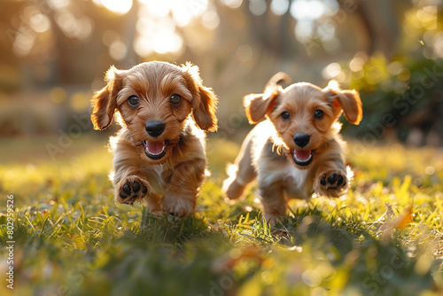 A pair of playful dachshund puppies chasing each other in a sunlit backyard.