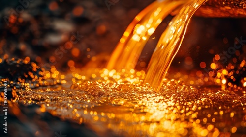 Close-up photo of molten gold being poured from a crucible, focusing on the bright, flowing stream as it forms intricate patterns mid-air