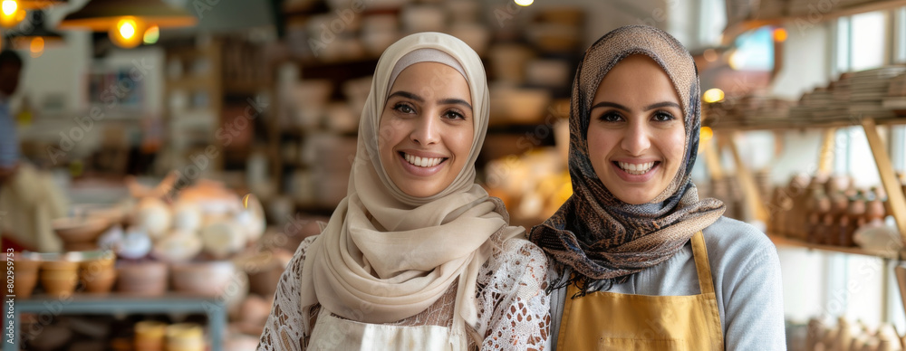 Two muslim young women in a Hijab in their small pottery business. Women standing proudly in front of their pottery on shelves filled with various ceramic. Generative ai Two muslim young women in a Hijab in their small pottery business. Women standing proudly in front of their pottery on shelves filled with various ceramic. Generative ai