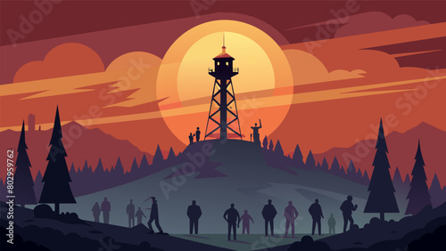 As the sun sets over the horizon the signal tower casts a deeply eerie glow over the surrounding area drawing people in with its captivating signals..