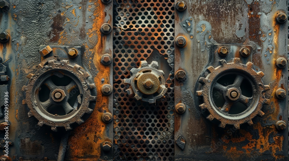 Detailed view of an industrial background with a mesh of weathered iron and old gears, highlighting the beauty found in the aged and mechanical