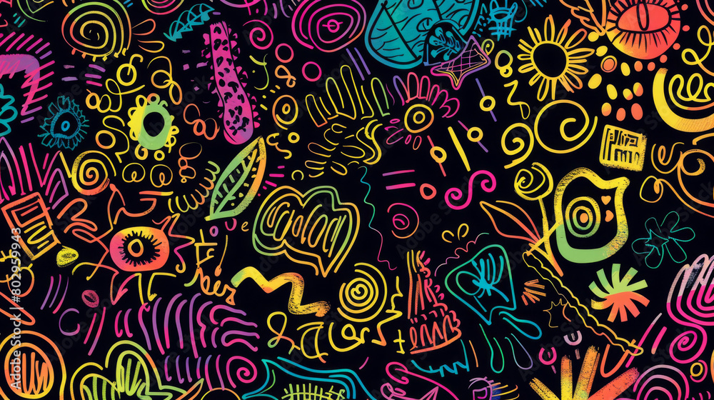 Colorful hand-drawn doodles on a black background create a lively and creative illustration