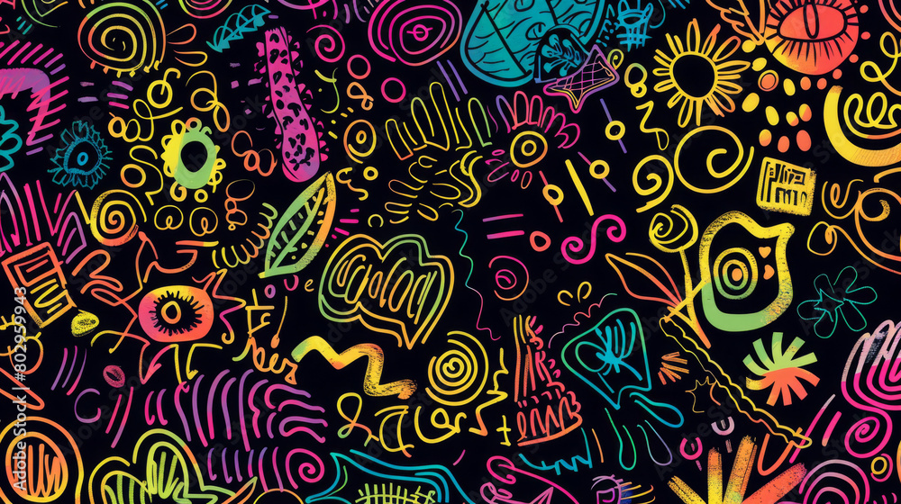 Colorful hand-drawn doodles on a black background create a lively and creative illustration Colorful hand-drawn doodles on a black background create a lively and creative illustration