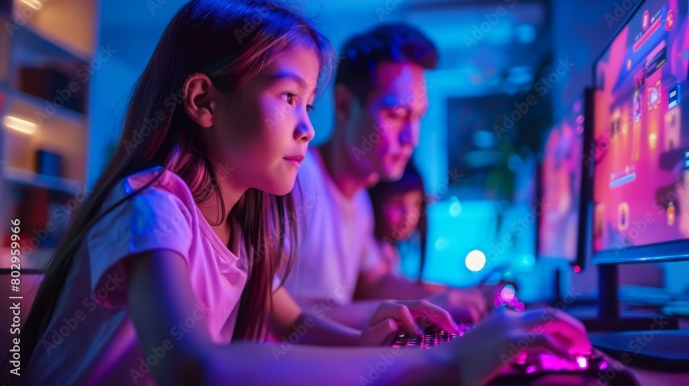 Family, girl and her father playing PC game together with gaming console, digital native, Gen Alpha. Generative ai Family, girl and her father playing PC game together with gaming console, digital native, Gen Alpha. Generative ai