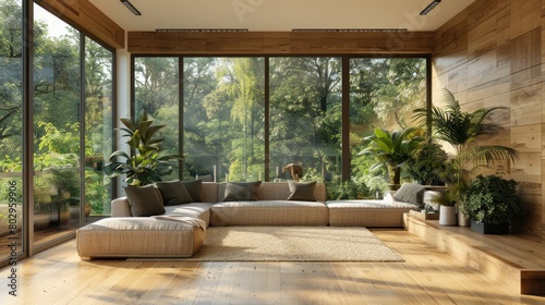 A large living room with a couch, a rug, and a few potted plants