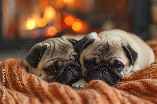 A pair of playful pug puppies wrestling on a cozy blanket by the fireplace.