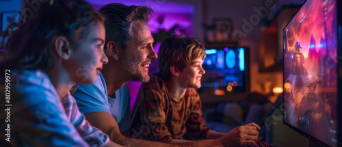 Happy family, father and children, playing a PC game together with gaming console, digital native, Gen Alpha. Generative ai