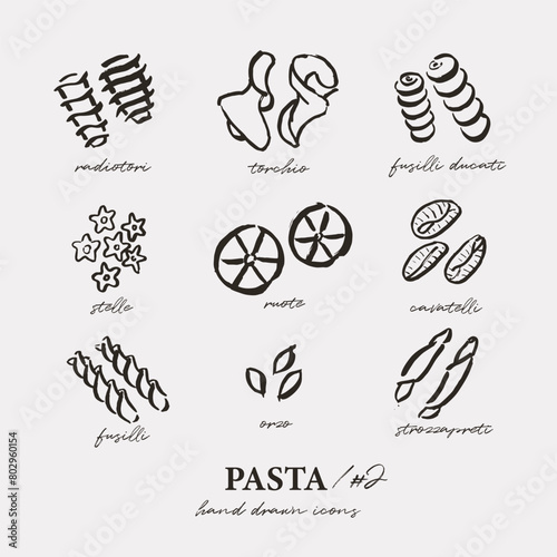 Different pasta types set, outline icons, simple loose drawings, sketchy style