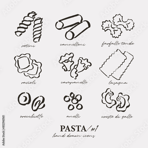 Different pasta types set, outline icons, simple loose drawings, sketchy style