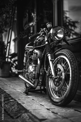 Classic black and white image of a motorcycle, suitable for various design projects