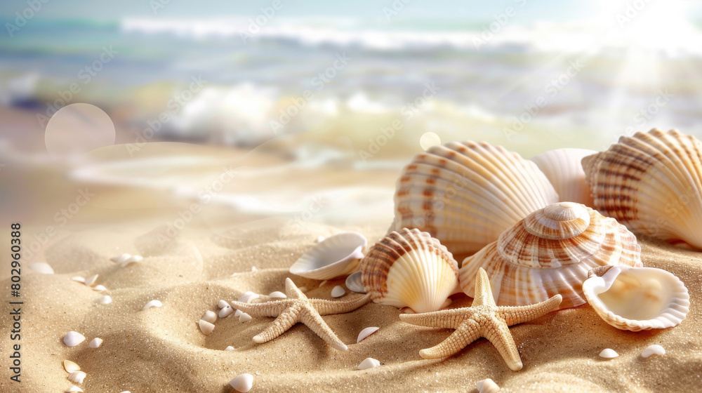 Tranquil coastal scene of sunlit beach with seashells and starfish Tranquil coastal scene of sunlit beach with seashells and starfish