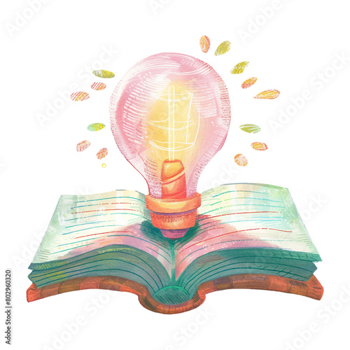 Book with lighbulb water color illustration