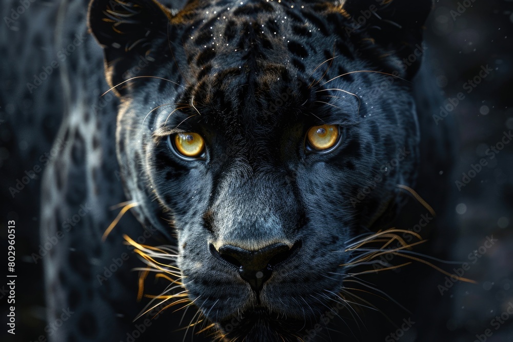 Close up of a black leopard's face, suitable for wildlife concepts