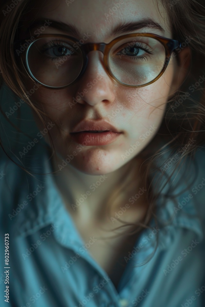 A detailed close-up of a woman wearing glasses. Ideal for business or education concepts A detailed close-up of a woman wearing glasses. Ideal for business or education concepts