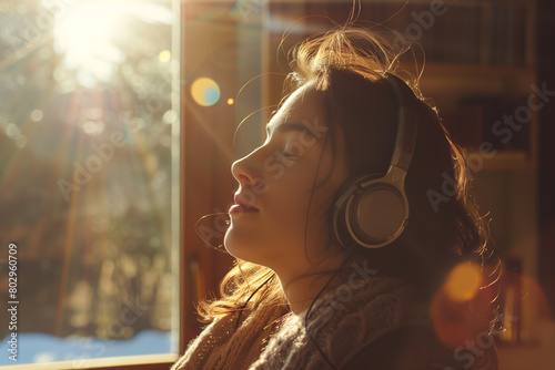 Young woman enjoying music through headphones in a sunlit room, eyes closed in relaxation, sunflare enhancing the serene mood. Concept of leisure, relaxation, and personal enjoyment. photo