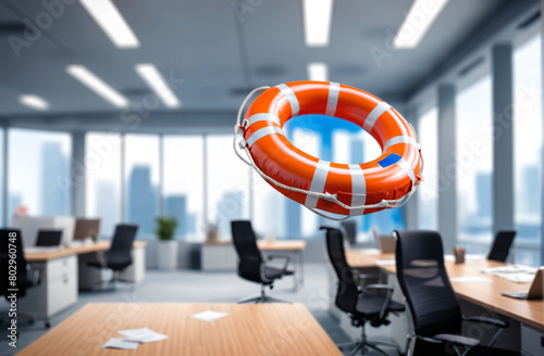 lifebuoy in the world of finance and business, floating in the air with blurred office space background