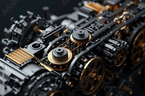 A detailed black and gold model of a train engine. Perfect for transportation or hobby-related projects
