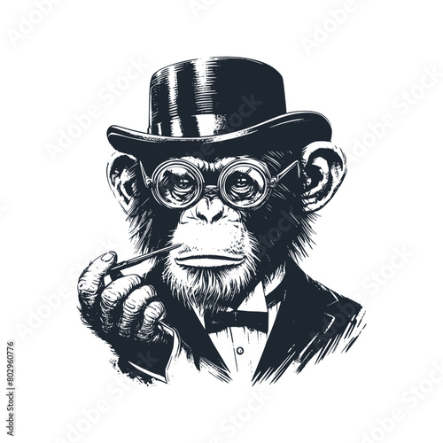 The victorian chimpanze. Black white vector logo illustration. 