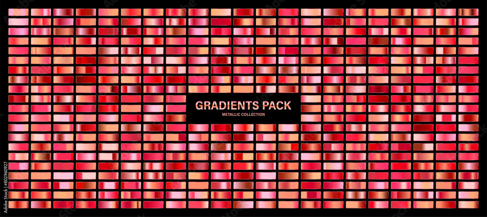 Rose gold glossy gradient, metal foil texture. Color swatch set. Collection of high quality gradients. Shiny metallic background. Design element. Vector illustration