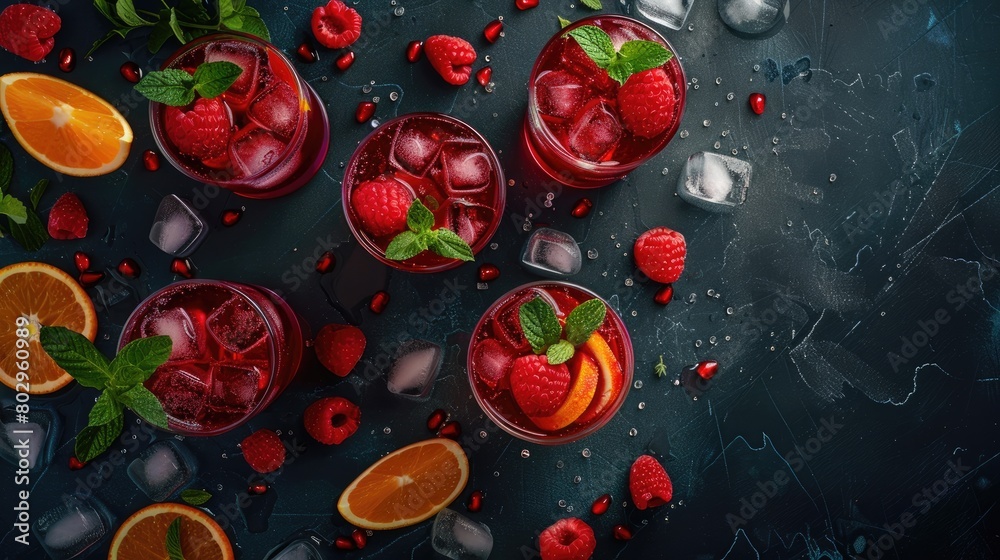 Glasses of refreshing summer cocktail with raspberries, orange and pomegranate on dark background Glasses of refreshing summer cocktail with raspberries, orange and pomegranate on dark background