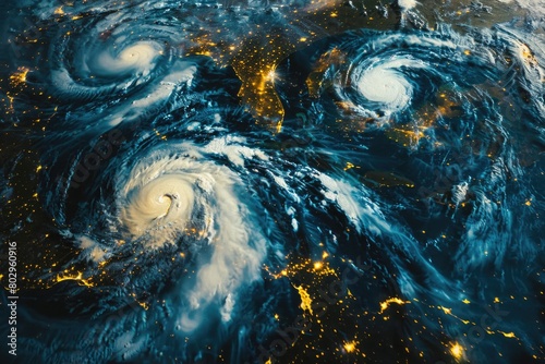 Satellite view of two swirling clouds in space. Suitable for science and technology projects