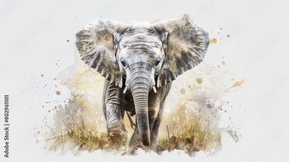Fototapeta premium Realistic watercolor painting of an elephant in its natural habitat. Suitable for wildlife enthusiasts and nature lovers